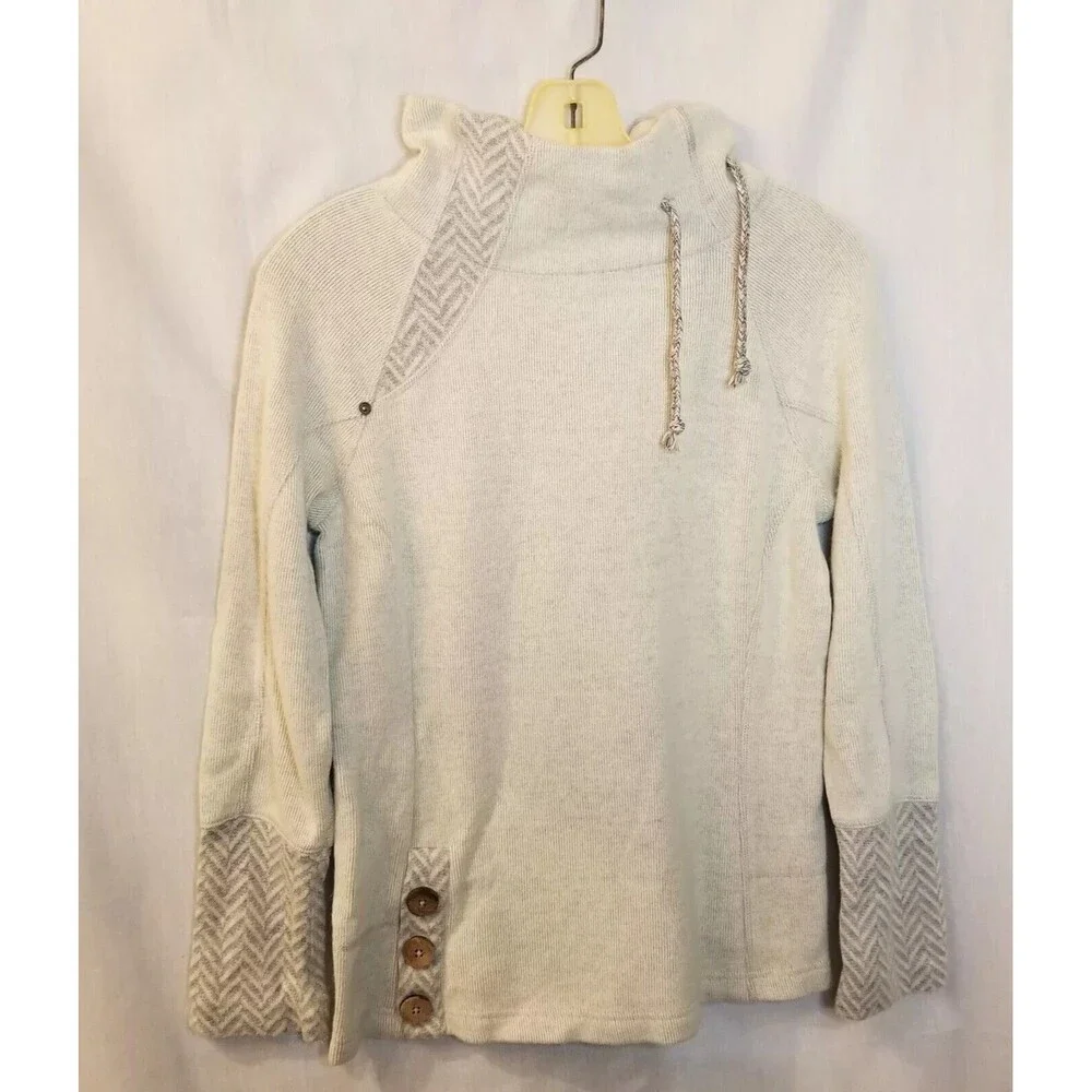PrAna Lucia Sweater Womens XS Gray Wool Knit Pullover Buttons Cinch Funnel Neck